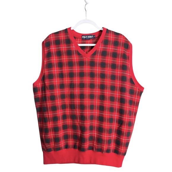 Vtg 90s Polo Ralph Lauren Golf Mens Sz Large Red Black Tartan Plaid Knit Vest - Picture 1 of 5